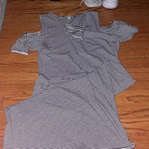 deep V stripe dress with cold shoulder